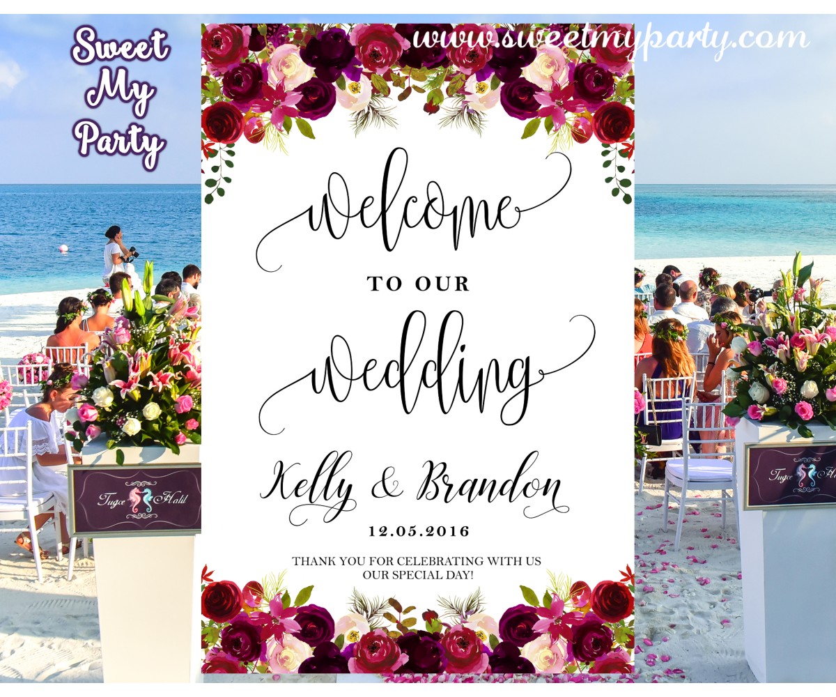 Floral Burgundy Wedding Welcome Sign,Wedding welcome to our wedding sign,(032w)